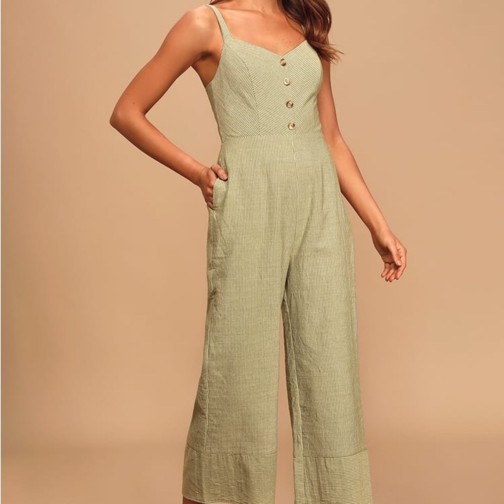 Lulus Sage Green Striped Button Front Closure Culotte Jumpsuit